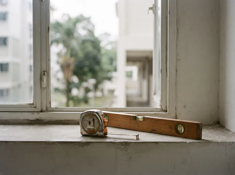 A measuring tape and spirit level resting on a bare windowsill
