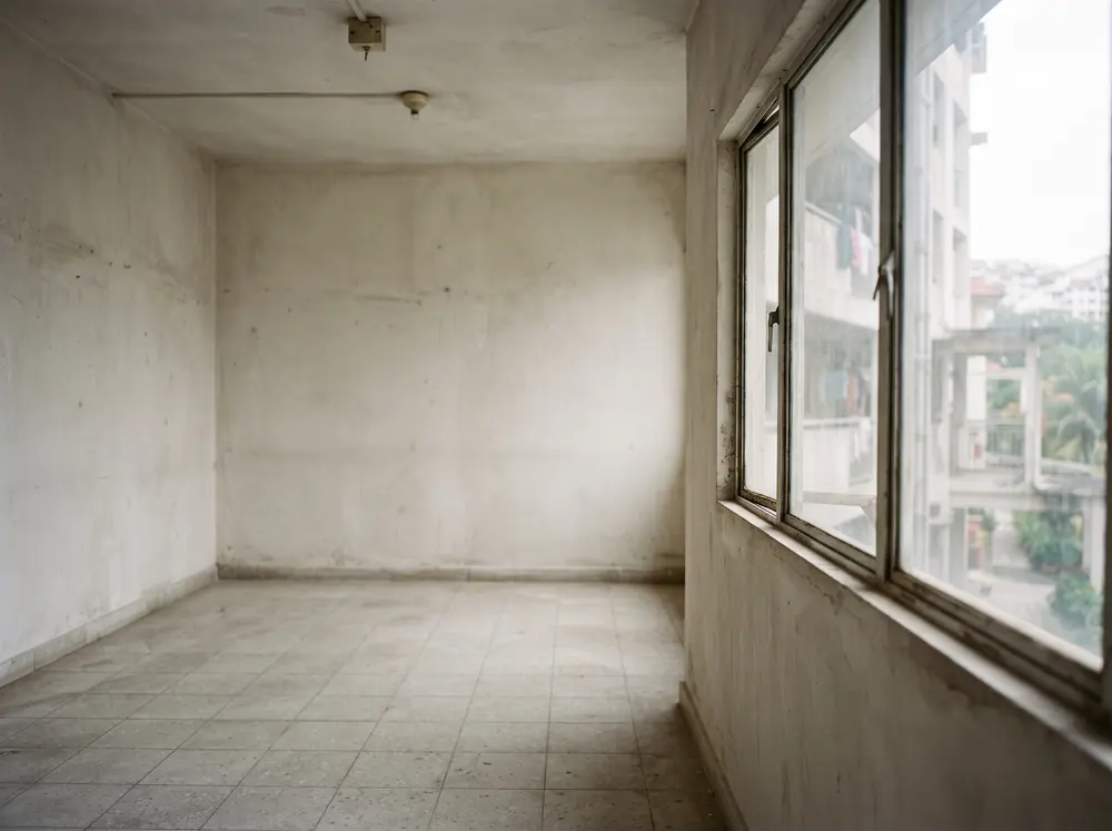 An empty apartment room with bare untreated walls