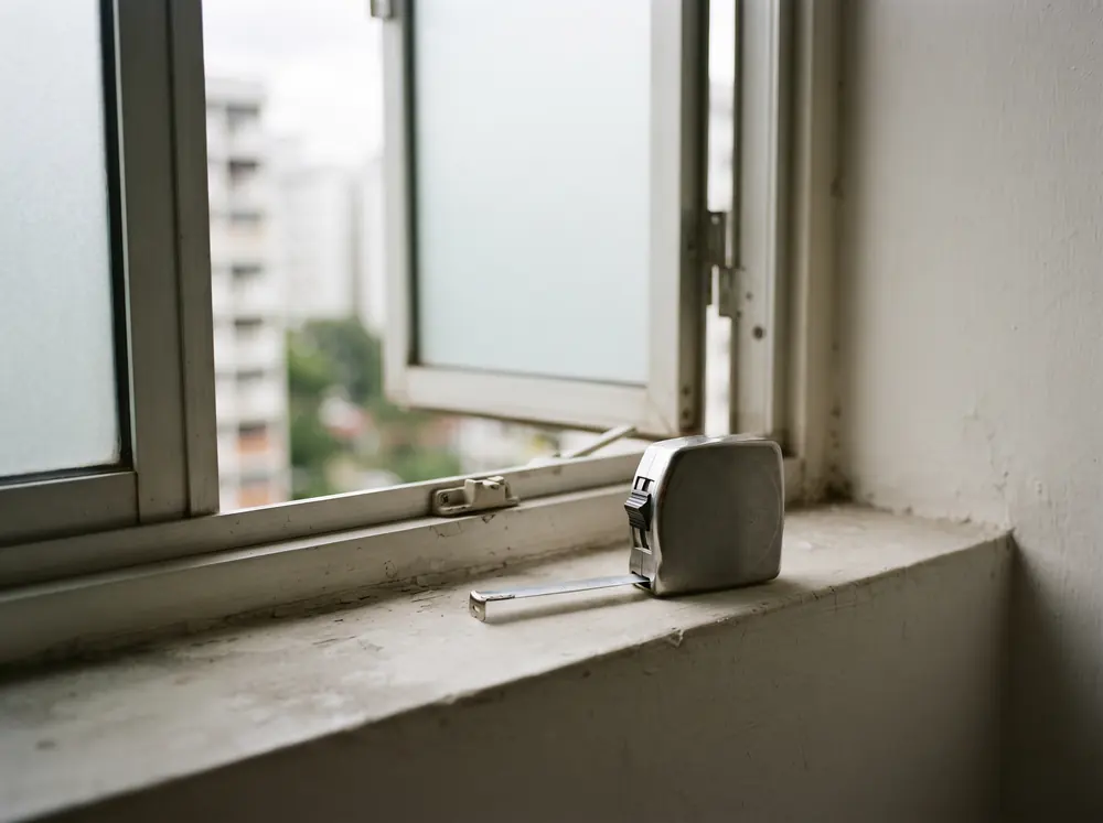 A steel measuring tape on a bare windowsill