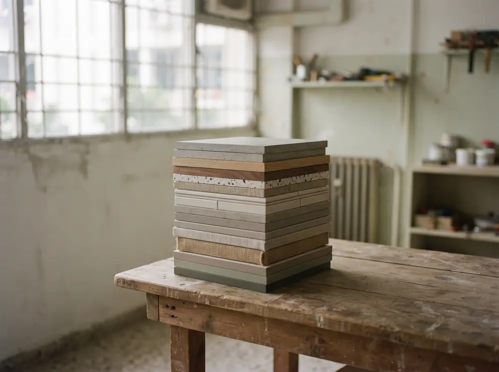 Material sample boards stacked square on a bench