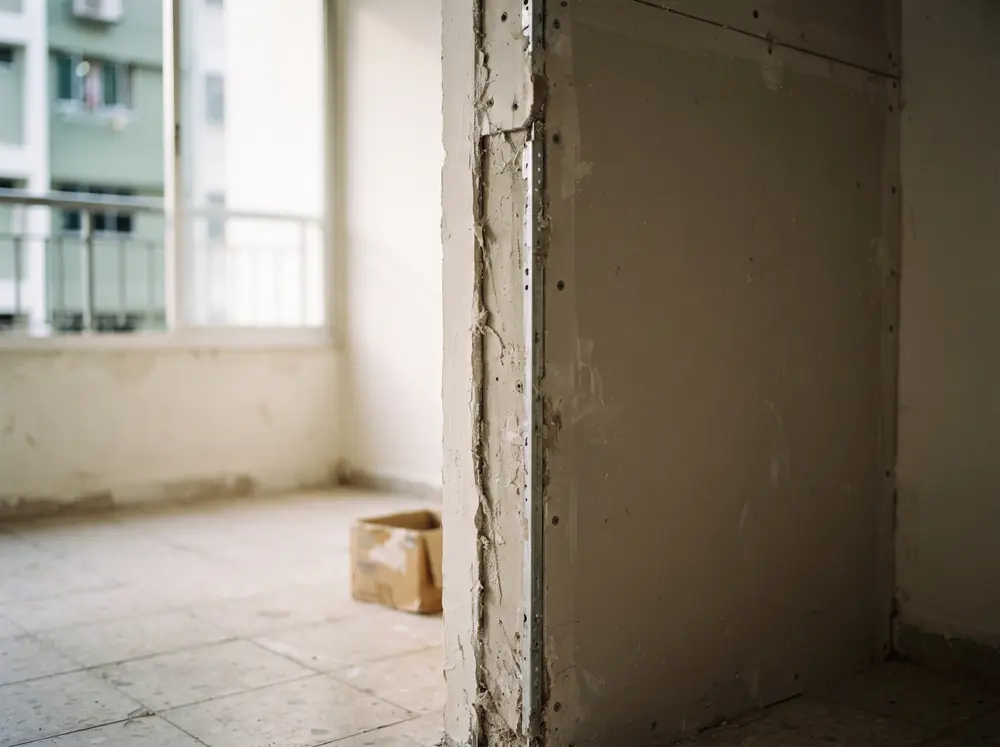 A partition wall corner with visible unfinished edges