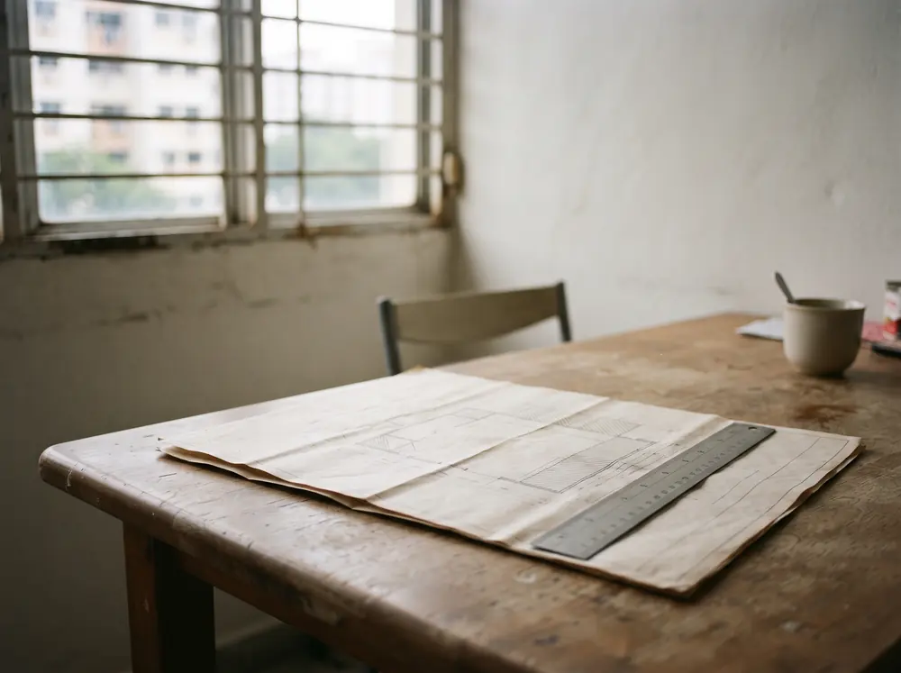 A folded plan and a steel rule on a table