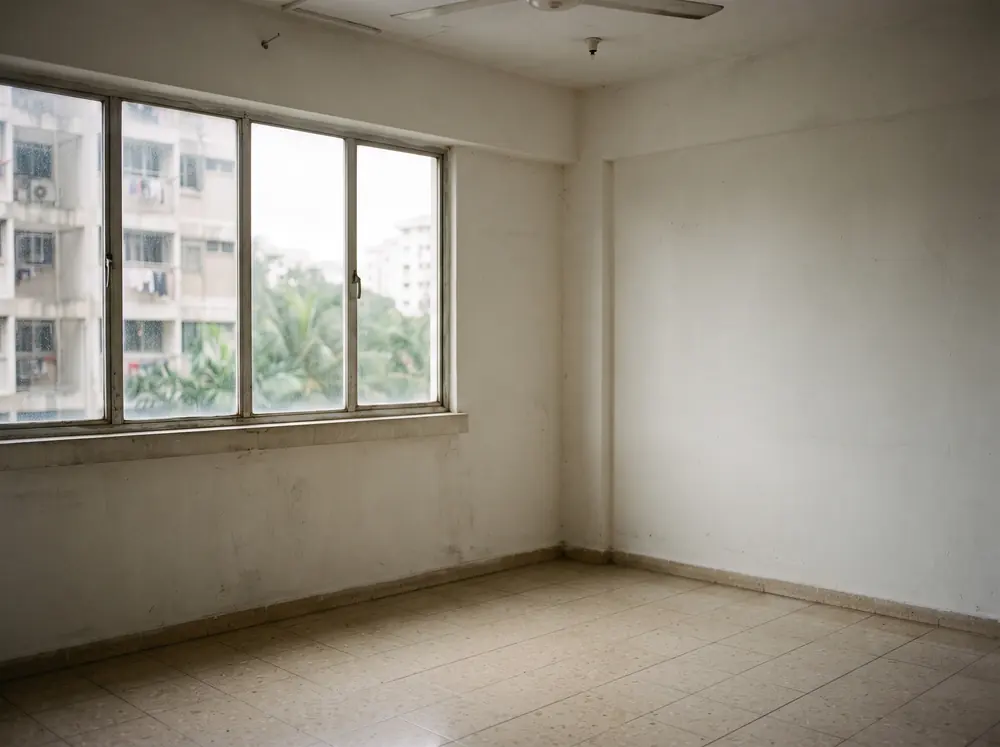 An empty room with bare walls and window light