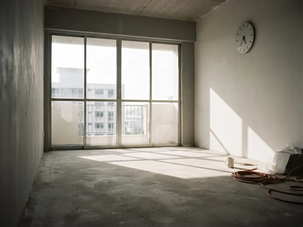 An empty flat at midday with hard window light crossing bare screed