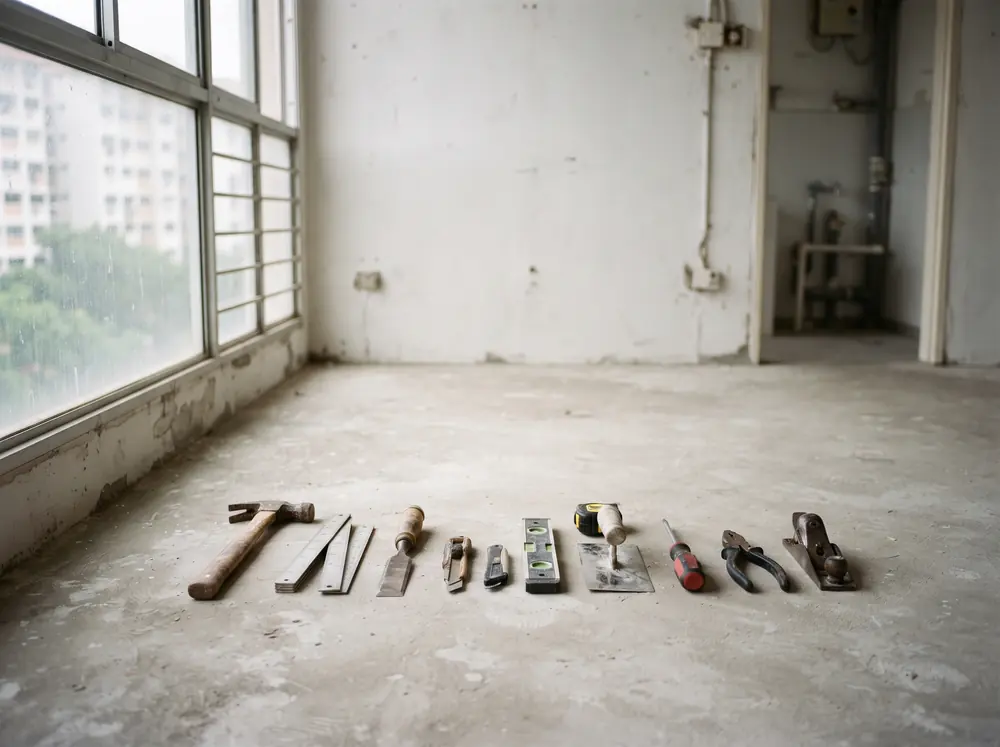 Hand tools of several trades laid in a row on bare screed