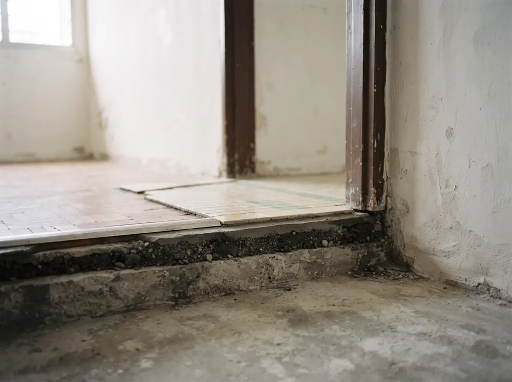 A screed floor build-up seen at a doorway threshold, the layers visible in section