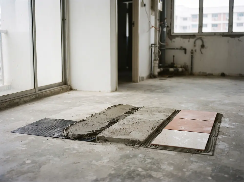 Tile, screed and waterproofing membrane samples laid in a row
