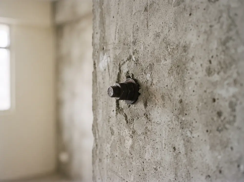 An anchor bolt set into a bare concrete wall