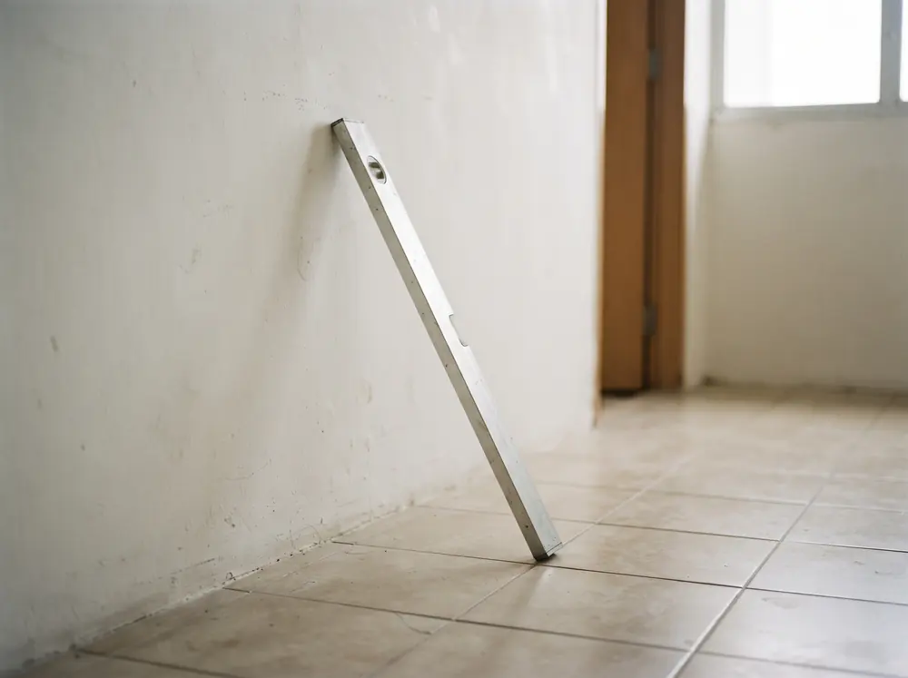 A spirit level resting against a bare wall