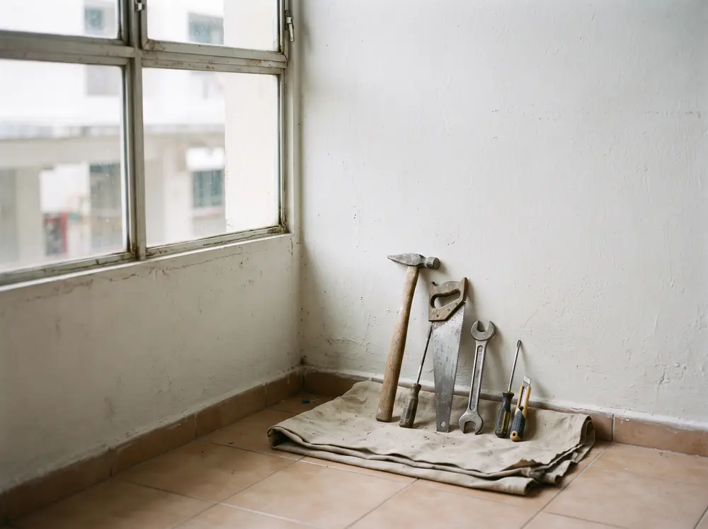 A bare room with hand tools resting idle against the wall, no people