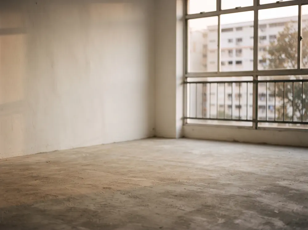 Late afternoon light falling low across a bare screed floor