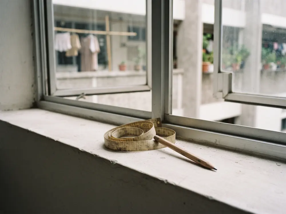 A measuring tape and pencil on a windowsill