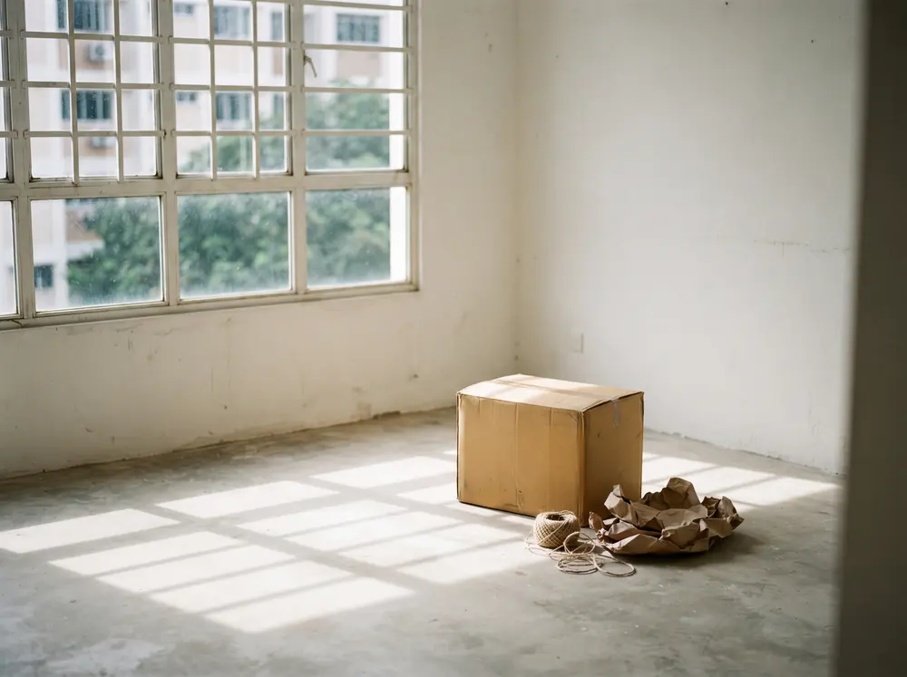 An empty flat at midday with hard window light crossing bare screed