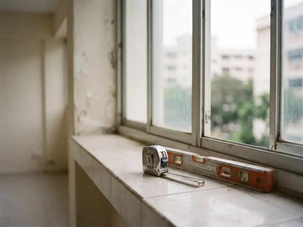 A steel measuring tape and a spirit level resting on a bare windowsill