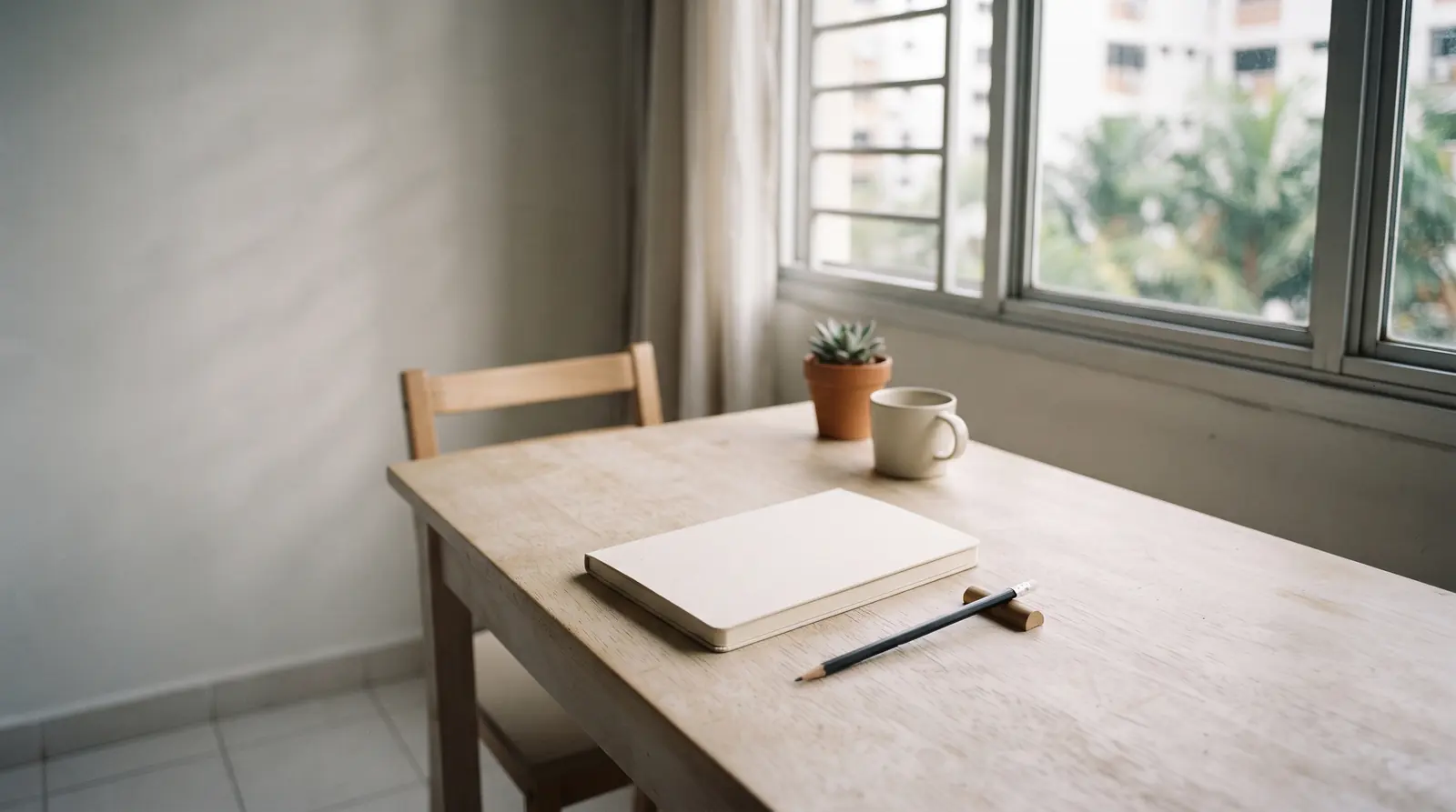 A pale desk with a closed unmarked notebook and a pencil in daylight