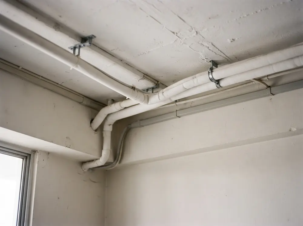 A bare ceiling with exposed air-conditioner pipe runs