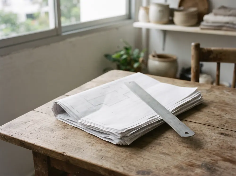 A folded plan and a steel rule on a bench