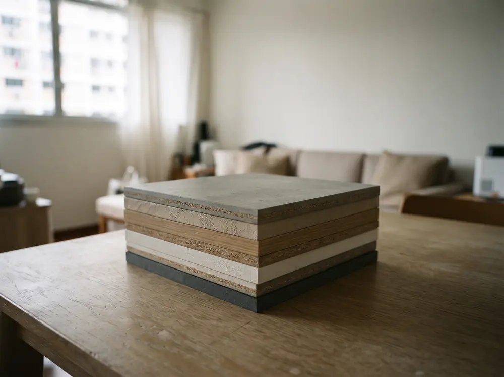 Finish sample boards stacked on a table, the choices an HDB renovation loan pays for