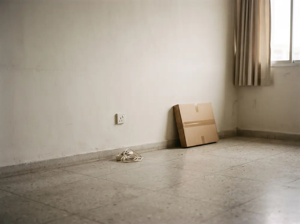An empty room with a single power point and bare walls, late afternoon light