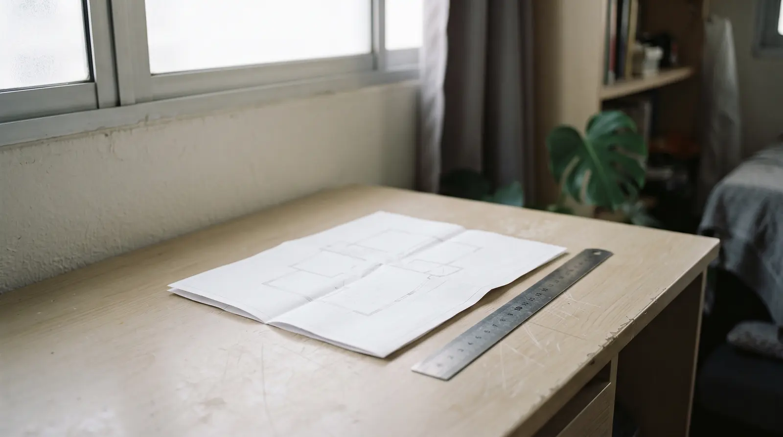 A folded unmarked floor plan and a steel rule on a pale desk