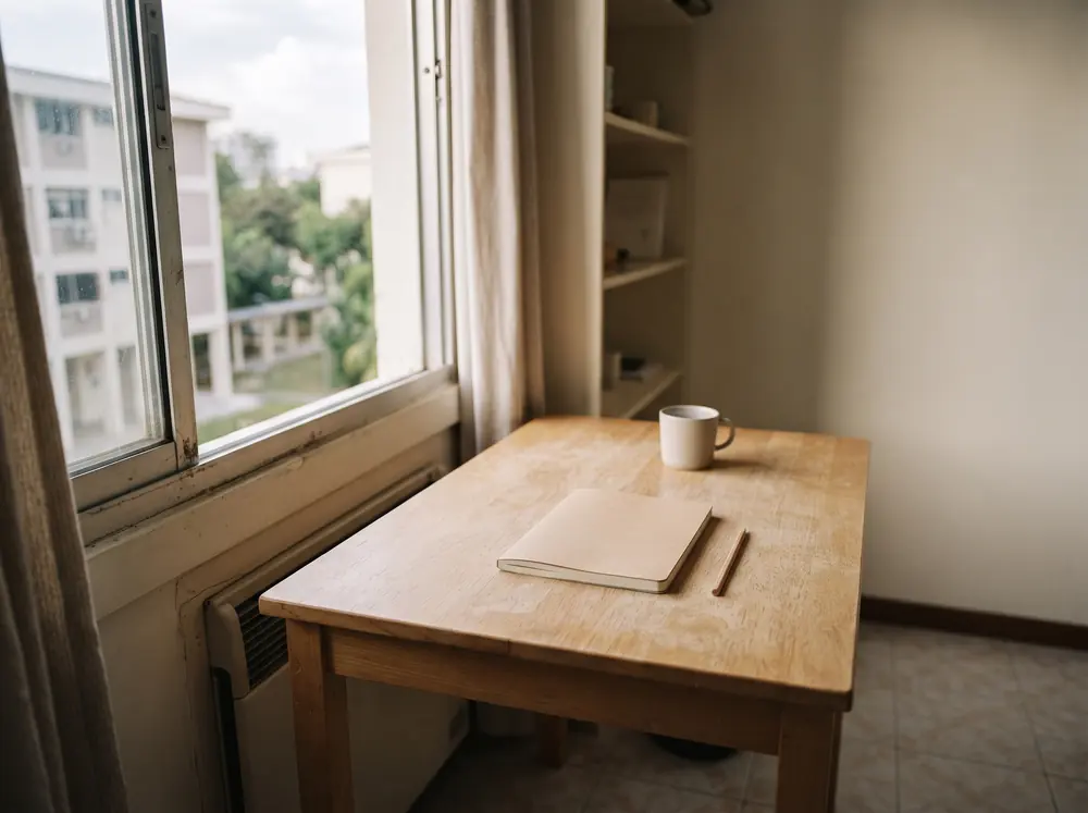 A tidy desk with a closed notebook and pencil beside a window