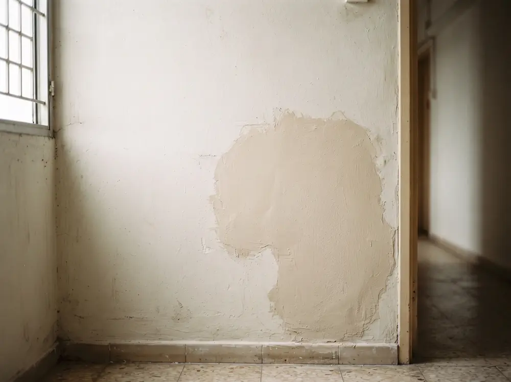 A bare wall with a patched repair area