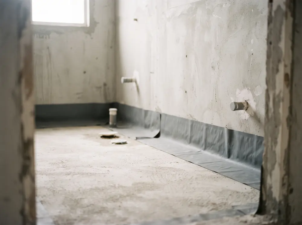 A bathroom floor with waterproofing membrane turned up at the skirting