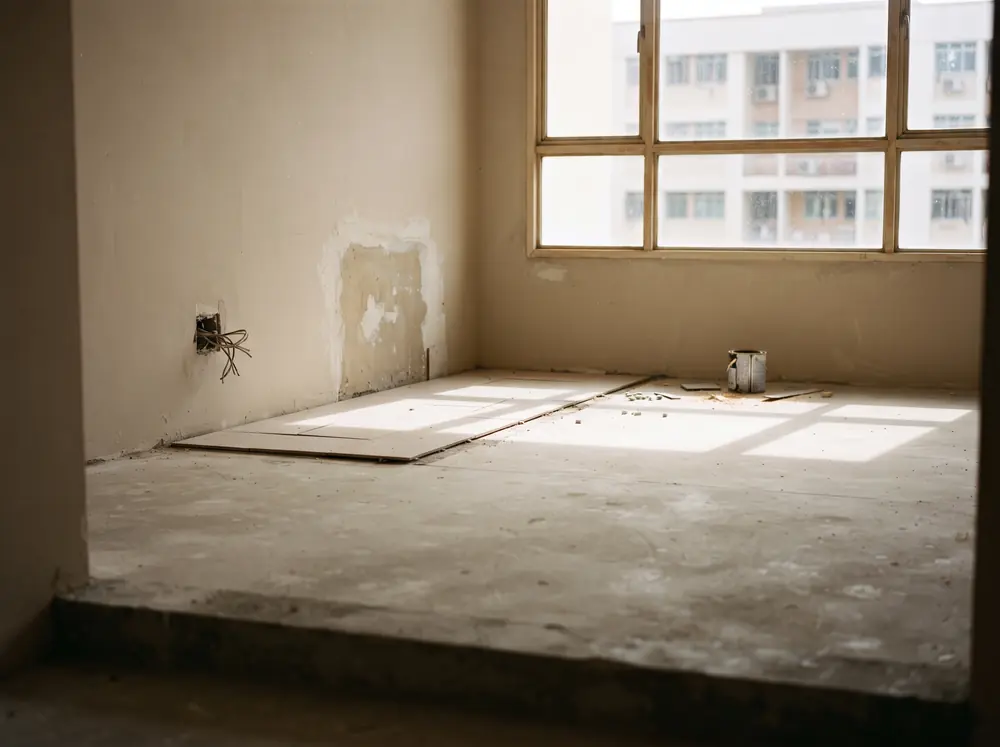 An empty flat at midday with hard window light crossing bare screed