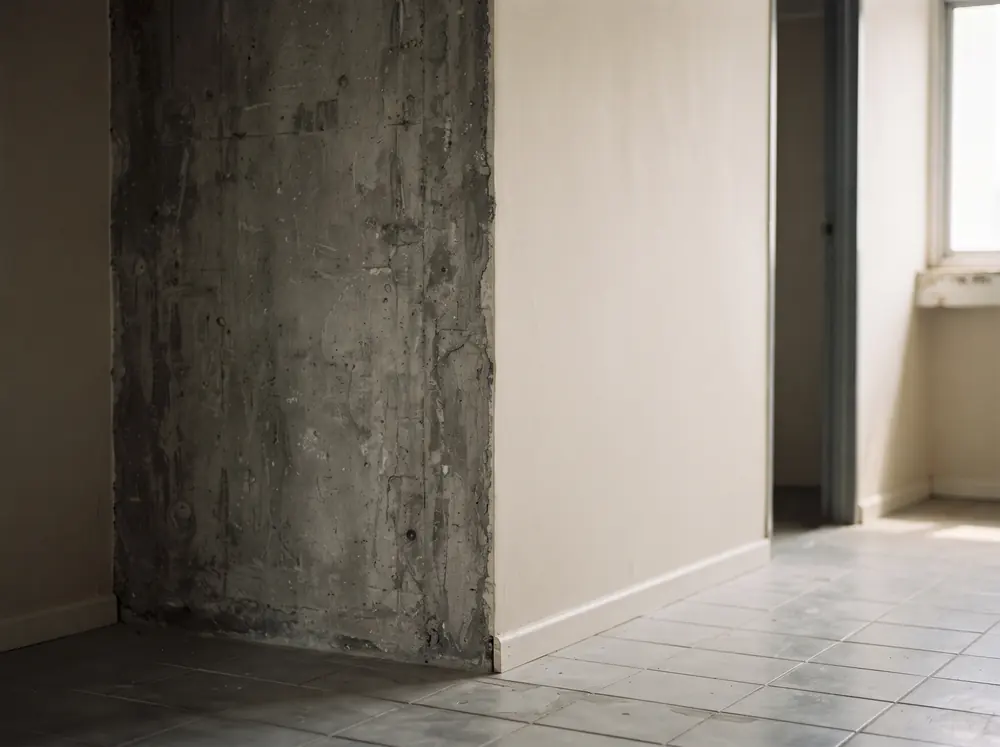 A concrete structural wall meeting a lighter partition, junction visible