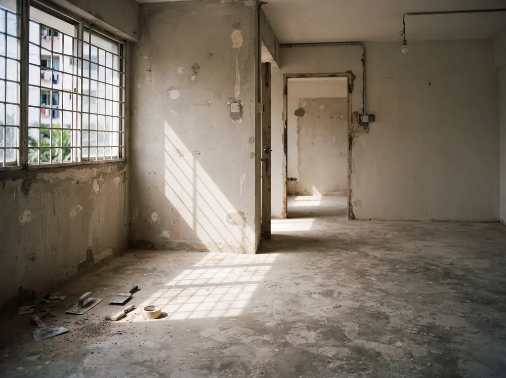 An empty flat at midday with hard window light crossing bare screed