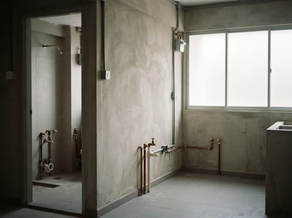 A bare kitchen shell with capped water stubs and no cabinets fitted