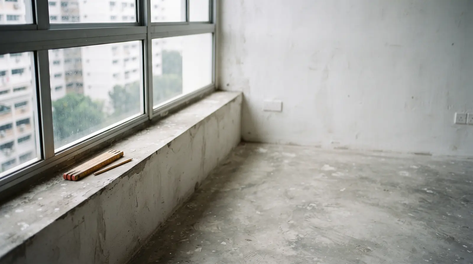 A BTO flat before renovation, bare cement screed floor, untreated wall and a folding ruler