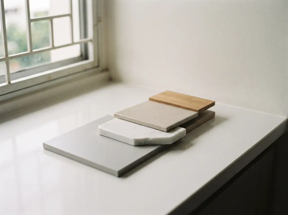 Four stacked material samples on a pale bench: laminate, quartz offcut, tile and timber veneer, arranged in a row