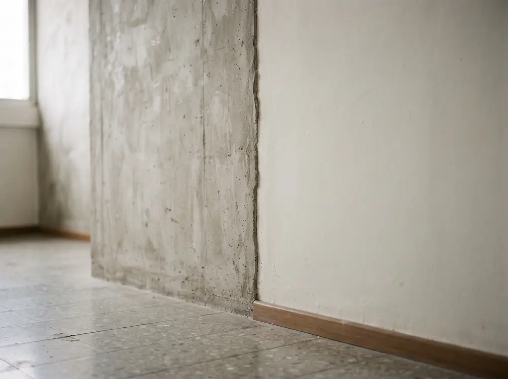 A bare concrete structural wall beside a lighter non-structural partition, the junction between them visible