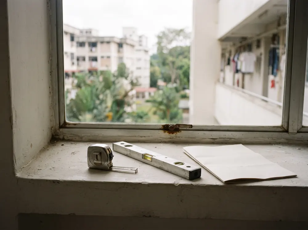 A steel measuring tape, a spirit level and a folded flat plan lying on a bare windowsill