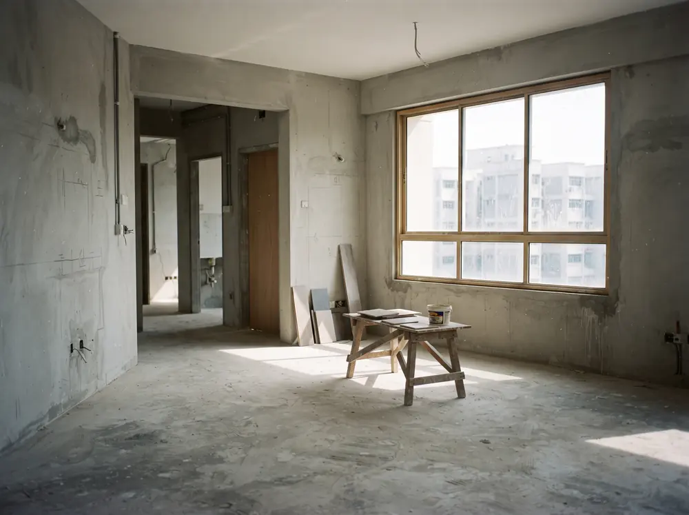 An empty flat at midday with hard window light crossing bare screed