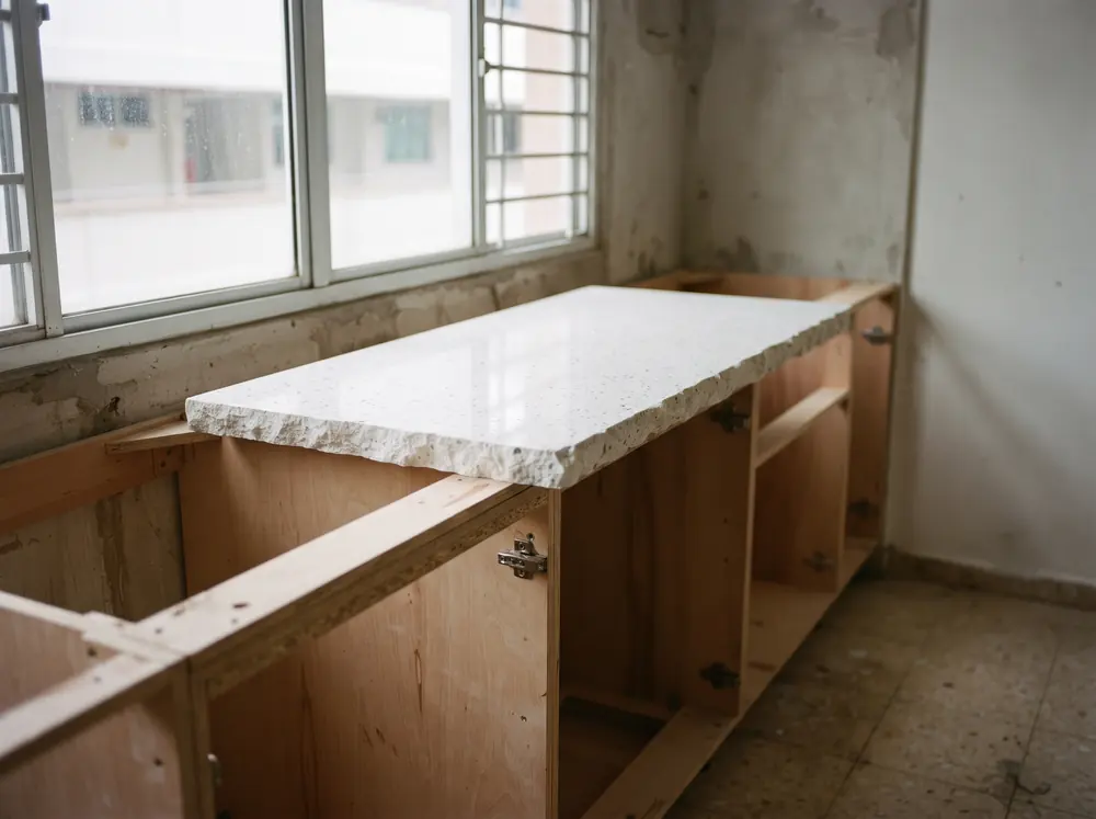 A quartz countertop offcut resting on base carpentry carcasses