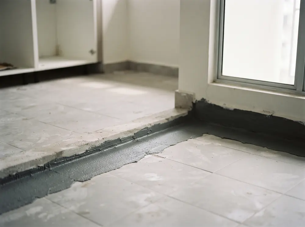 A kitchen floor with waterproofing membrane applied at the skirting