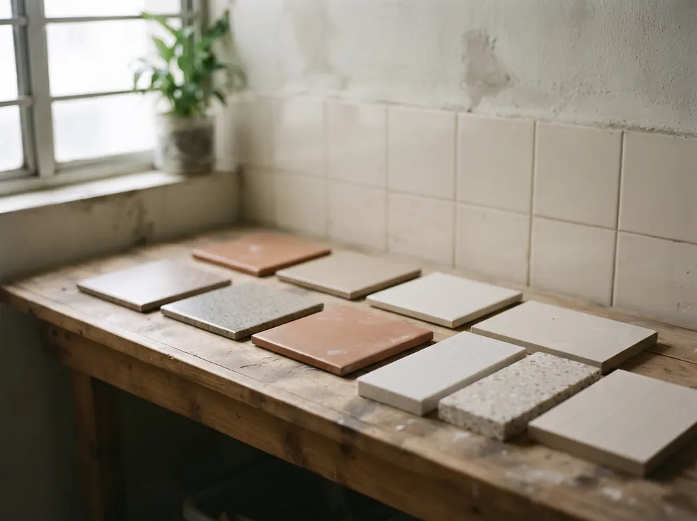 Countertop and tile samples laid side by side on a bench