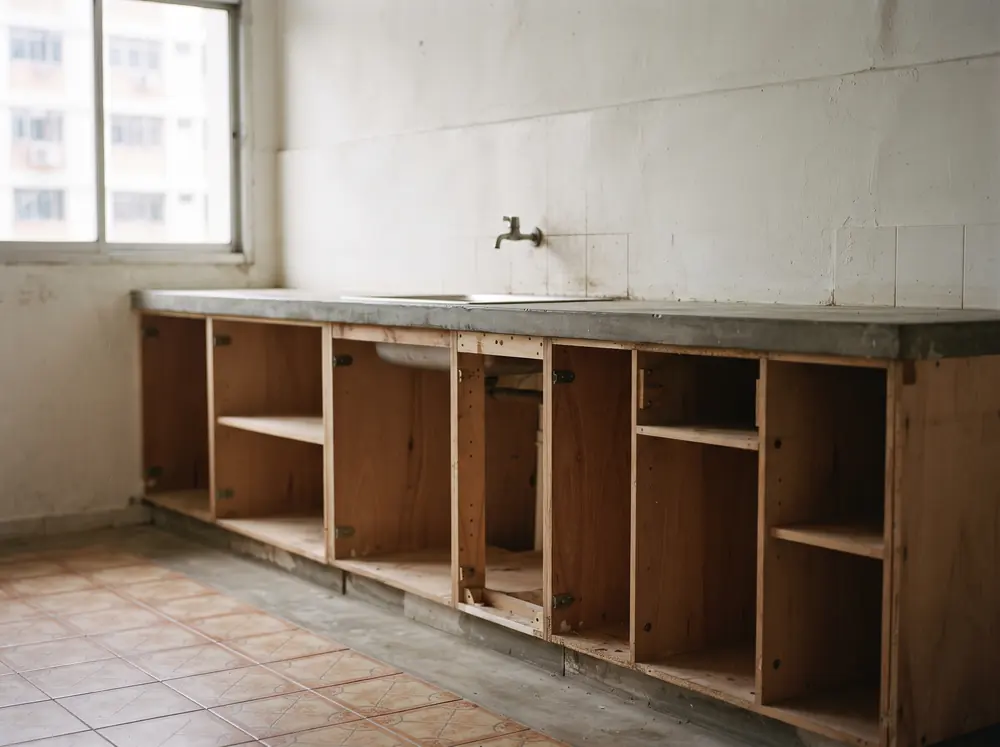 A run of kitchen carcasses without doors against a bare wall