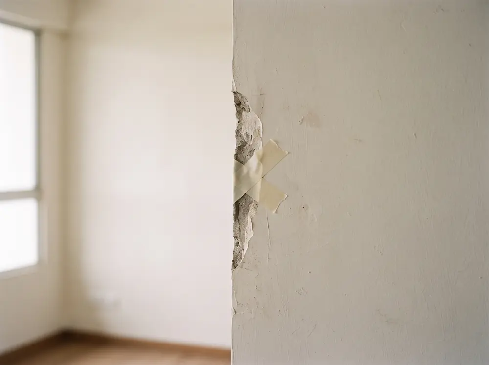 A strip of masking tape marking a chipped edge on a plastered wall
