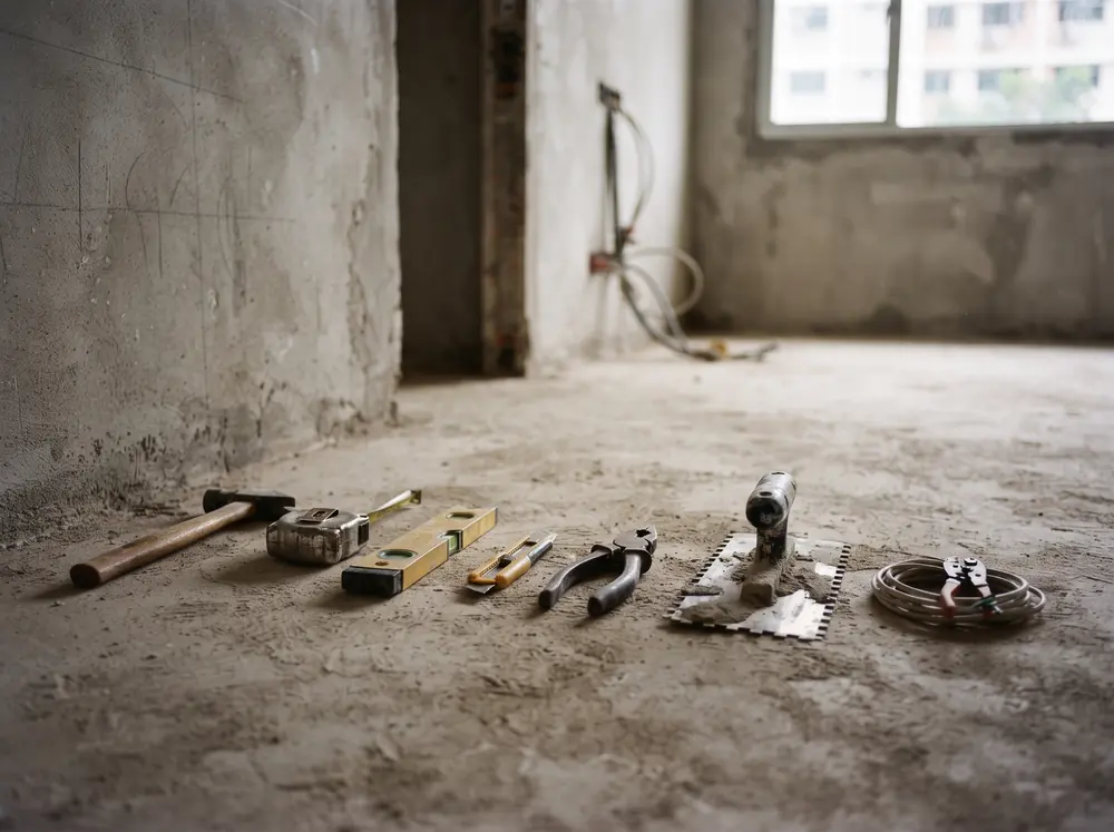 Hand tools of several trades laid in a row on bare screed