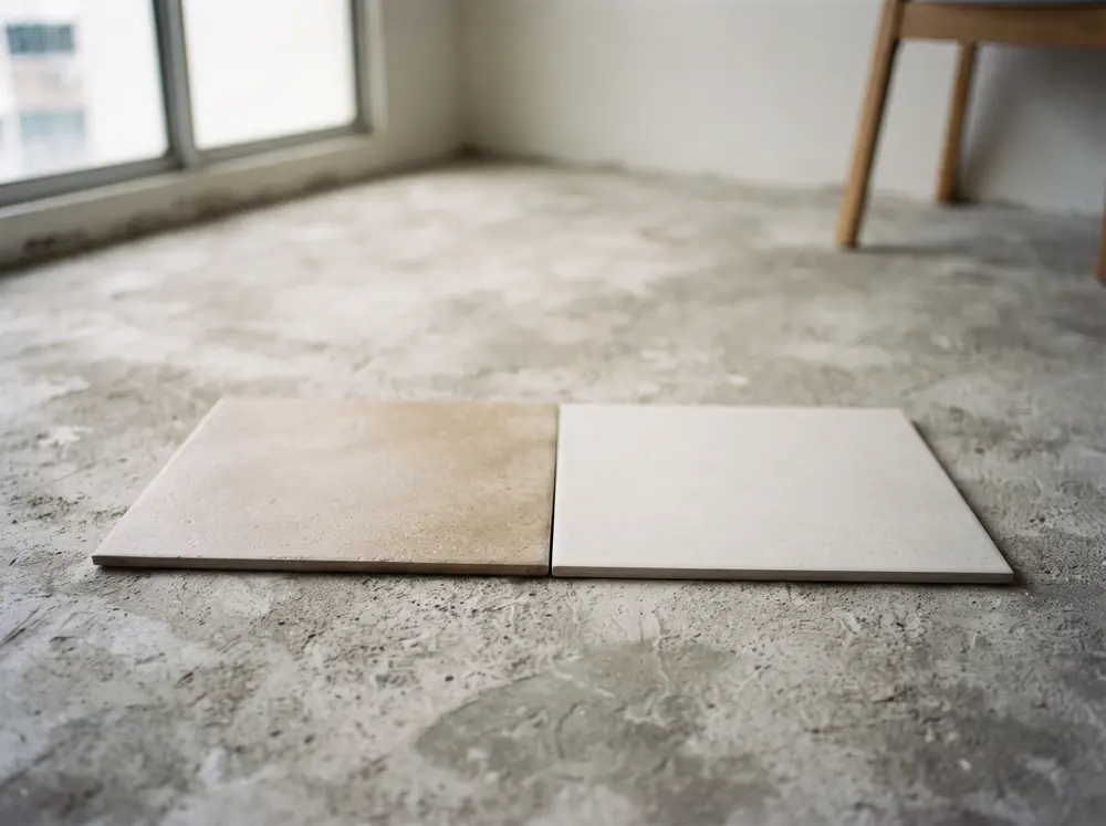 Two tile samples laid edge to edge on bare screed