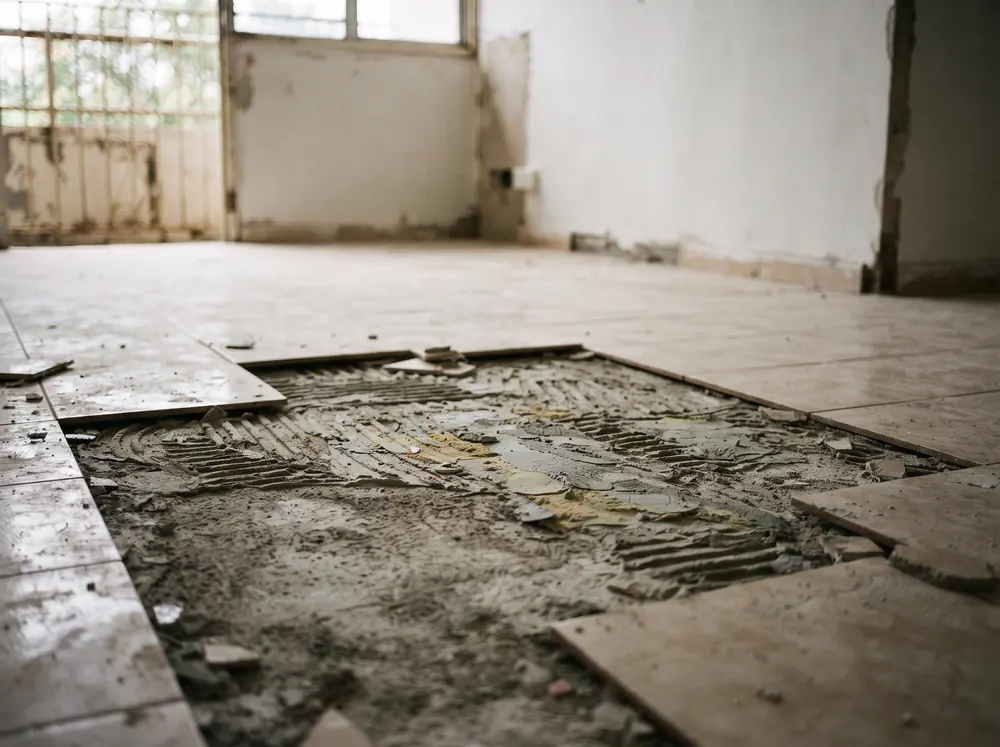 A floor with tiles lifted and adhesive residue left on the screed