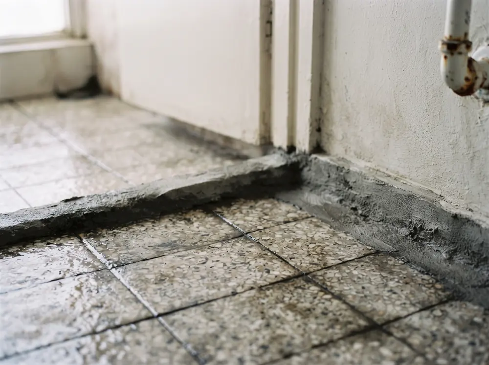A bathroom floor with original tiles and a waterproofing membrane edge