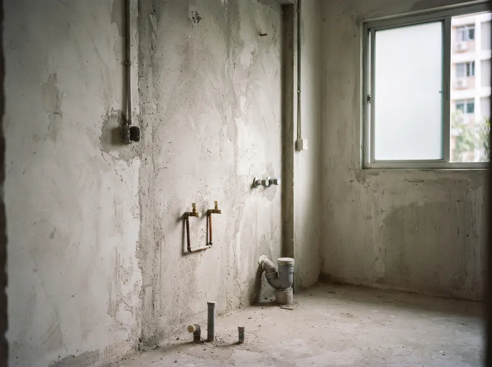 A bare bathroom shell with capped plumbing