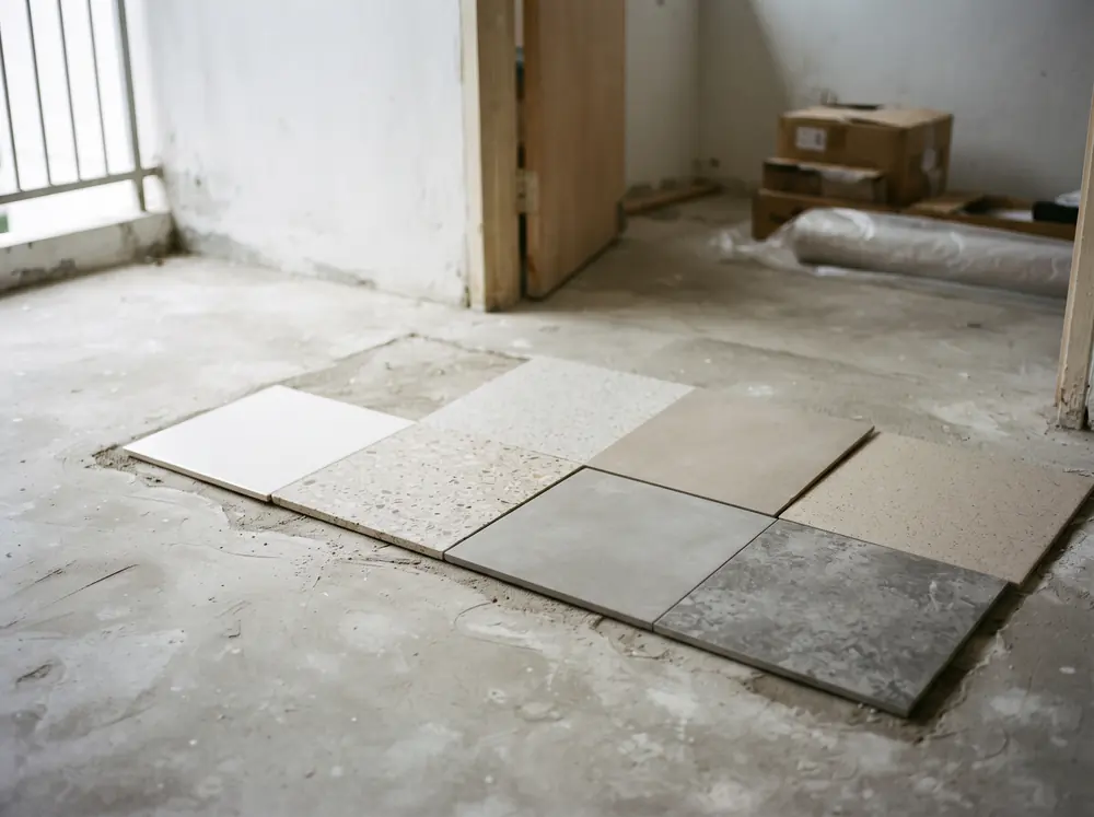 Four floor tile samples laid side by side on bare screed