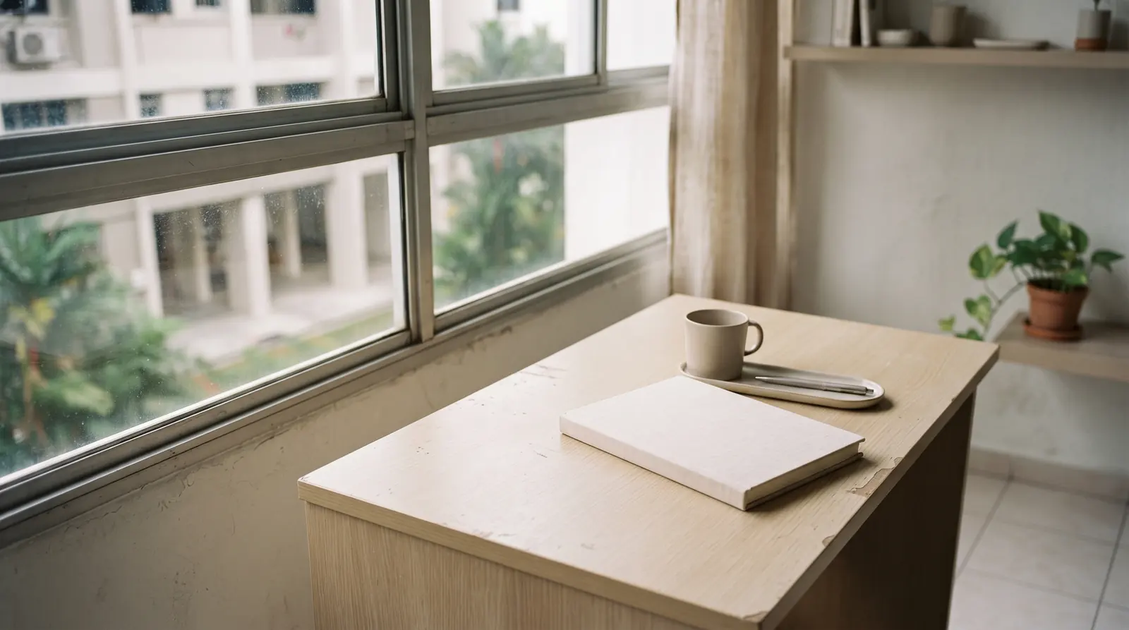 A tidy pale desk with a closed unmarked notebook in window light