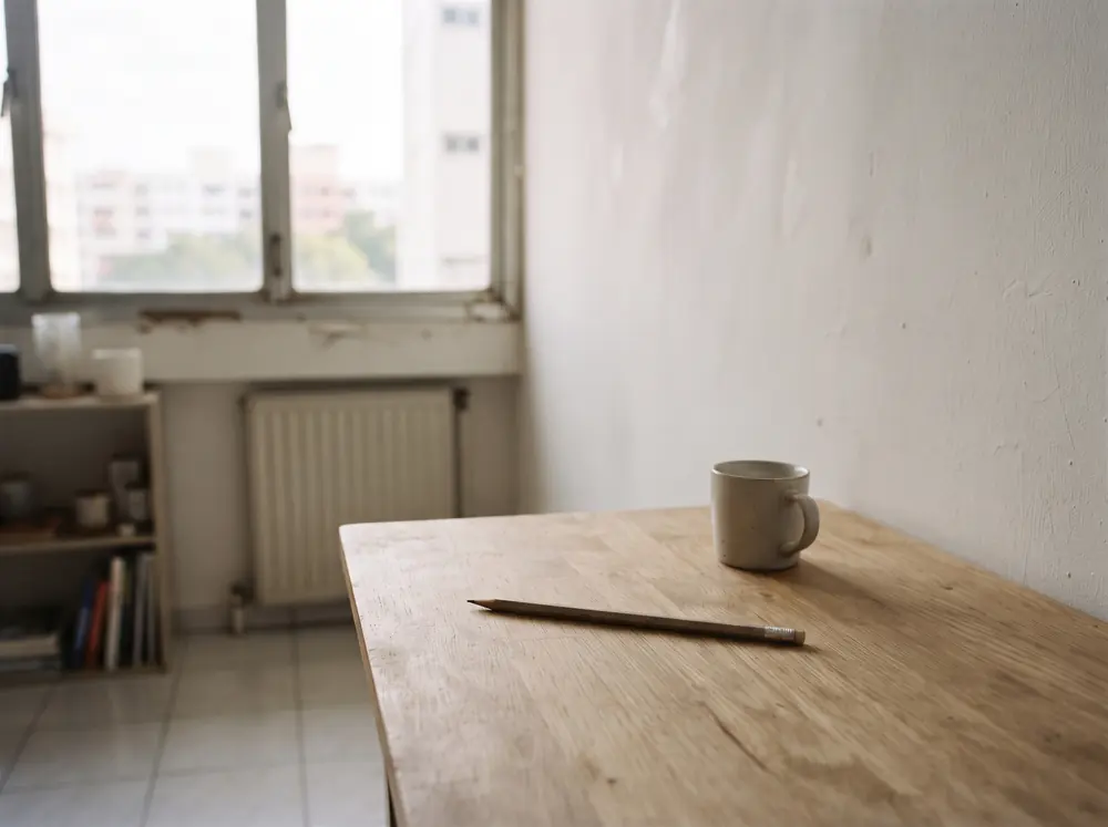 A plain desk surface with a pencil resting on it
