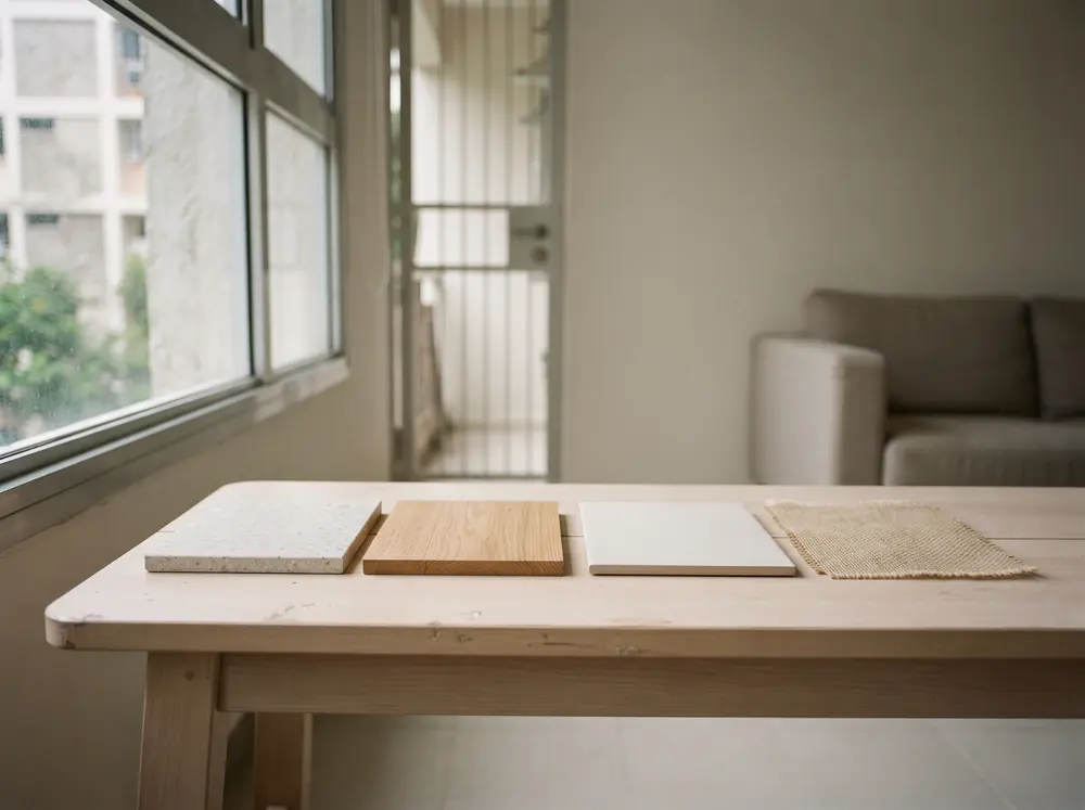 Four material samples arranged in a line on a pale bench